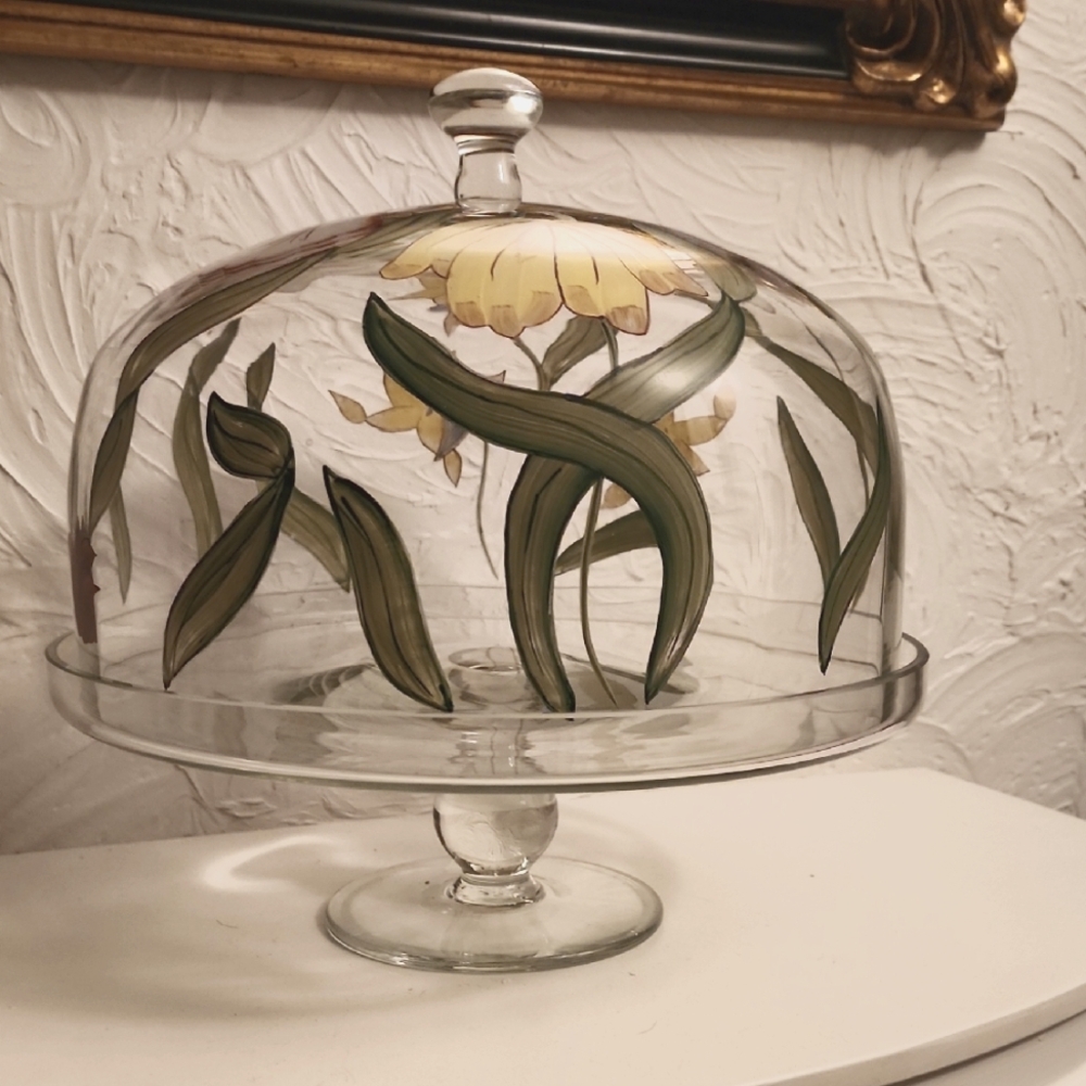 Vintage 12" Diameter Pedestal Cake Plate Glass & Painted Flower Glass Dome Lid
